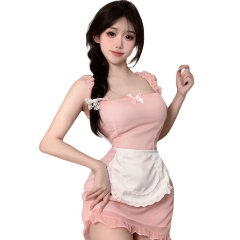 New Sweet Lace Hemline Bow Off-shoulder Backless Japanese Innocent Maid Sexy Camisole Dress Cosplay Lingerie Maid Pure Cute Set