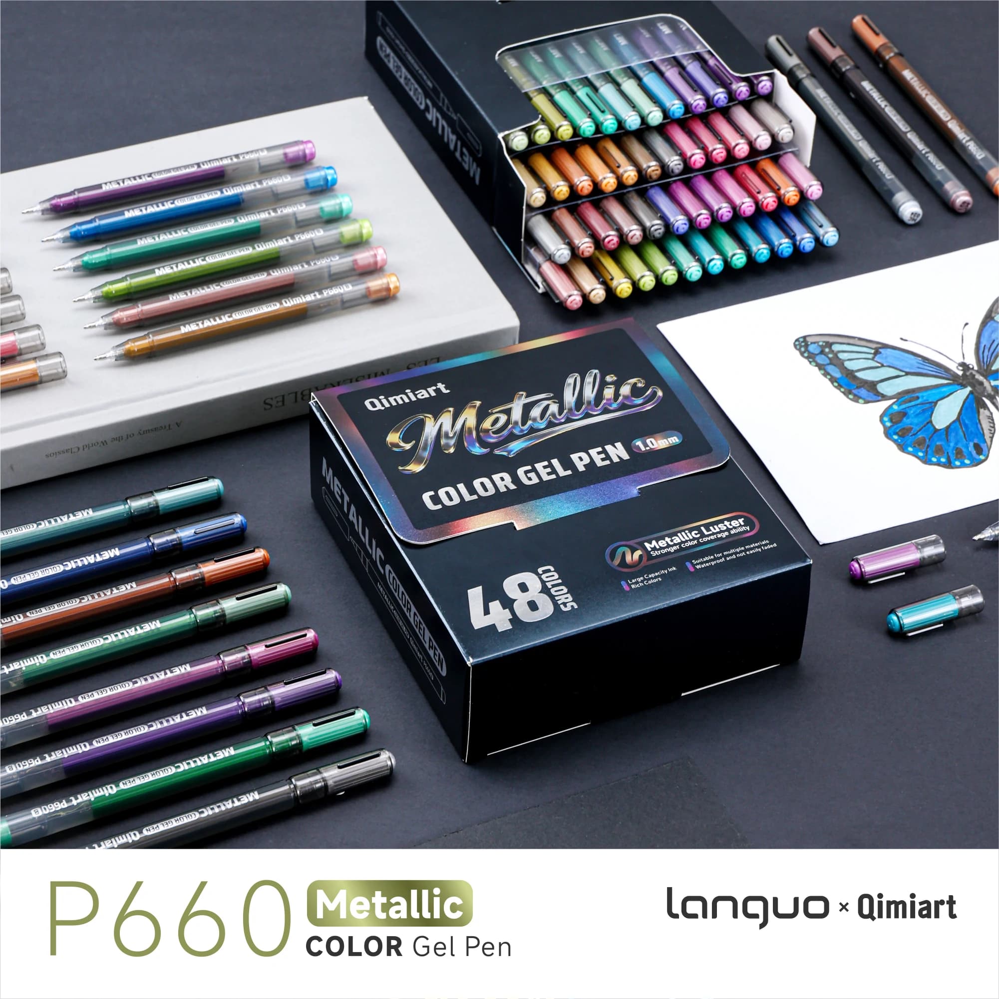 LANGUO Set di 48 Penne Gel Metallizzate Glitterate da 1.0mm, Penne a Sfera con Glitter Metallico per Scuola, Colorazione, Disegno e Marcatori Artistici