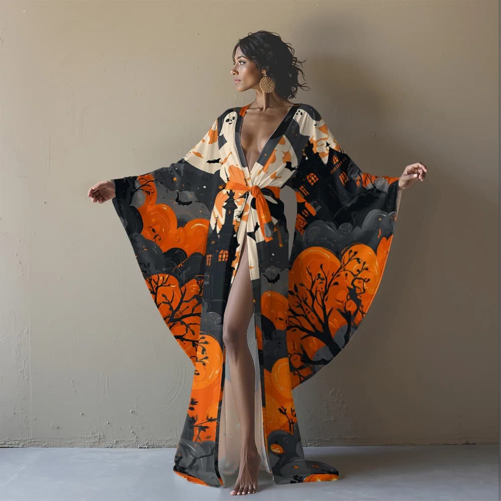 Women's Sexy Halloween Robe Bat Pumpkin Print Kimono Bathrobe Long Sleeve Open Front Robe with Belt for Halloween Party Cosplay