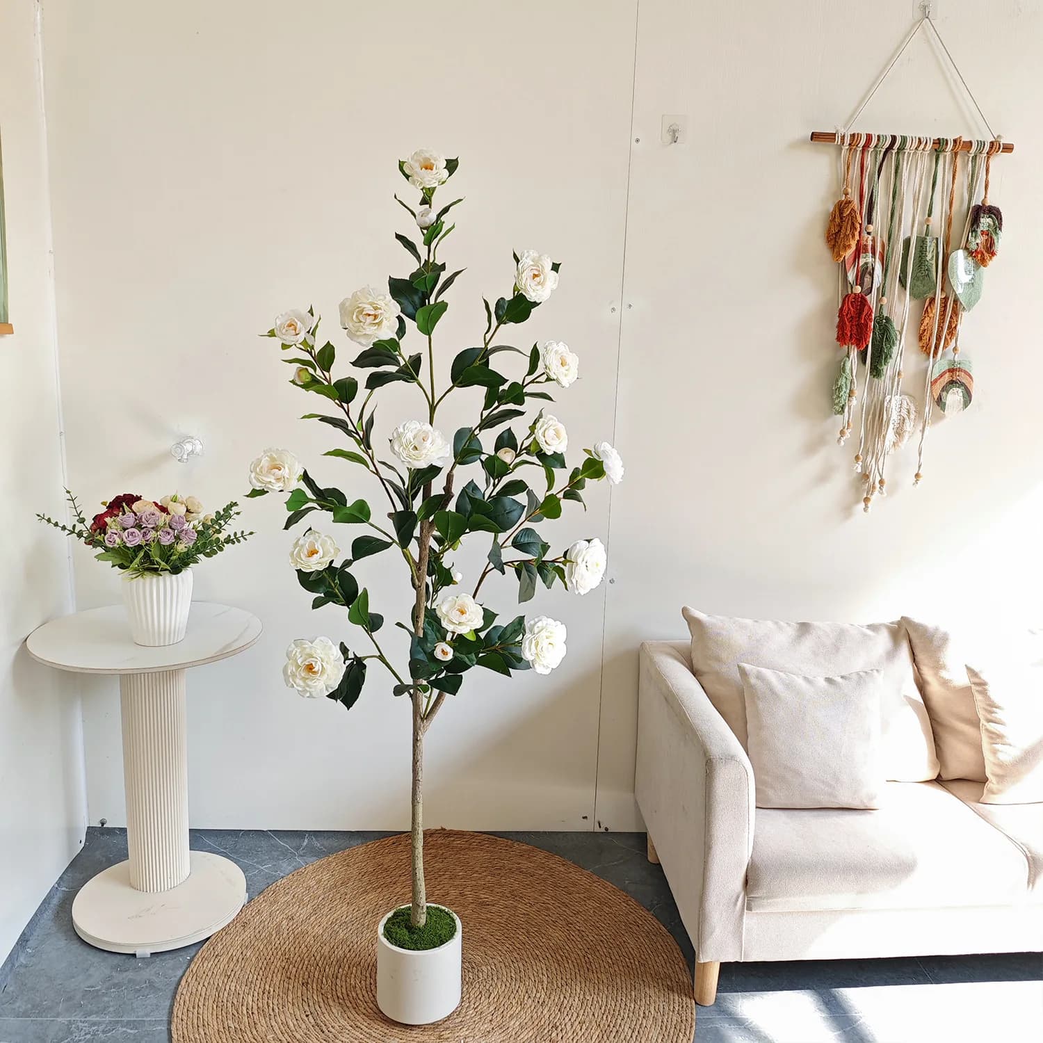Albero di Camelia Artificiale da 125CM a 195CM, Piante in Vaso di Grandi Dimensioni per Decorazione Casa, Soggiorno e Giardino