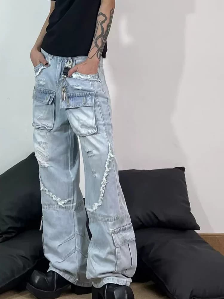 Jeans Cargo Stile Americano con Tasche a Rete, Lavaggio Effetto Usurato, Pantaloni Dritti alla Moda per Uomo