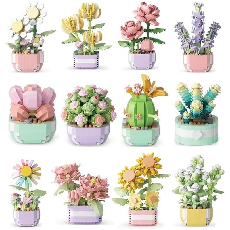 Fiore Piante grasse Building Blocks Fiore eterno Bonsai Albero Giardini Mattoni romantici Piante in vaso fai da te Modello Kit per bambini Giocattoli