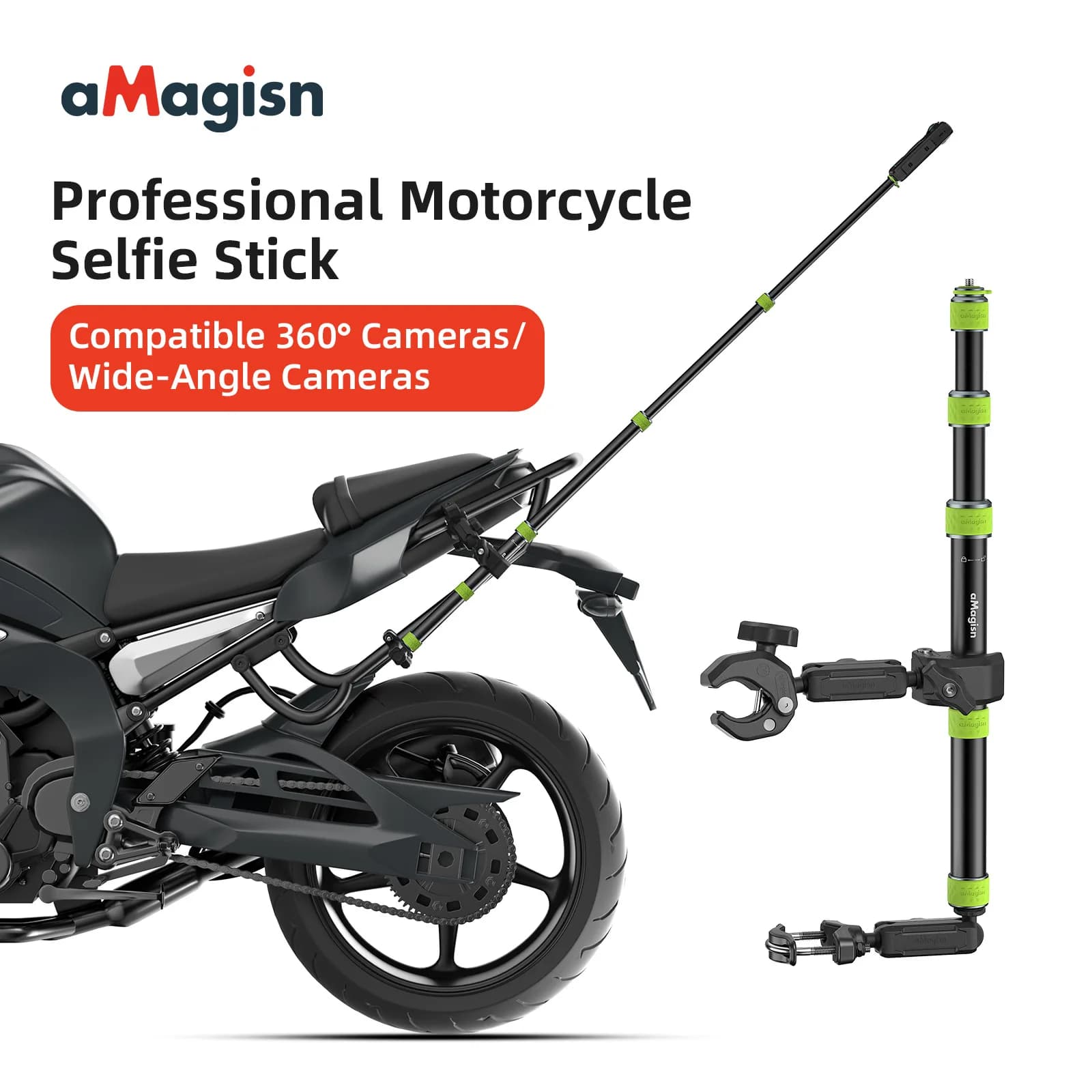 aMagisn Asta Selfie Professionale per Moto da 34cm a 110cm per GoPro / DJI / Insta360, Palo in Metallo con Filettatura 1/4 Convertibile