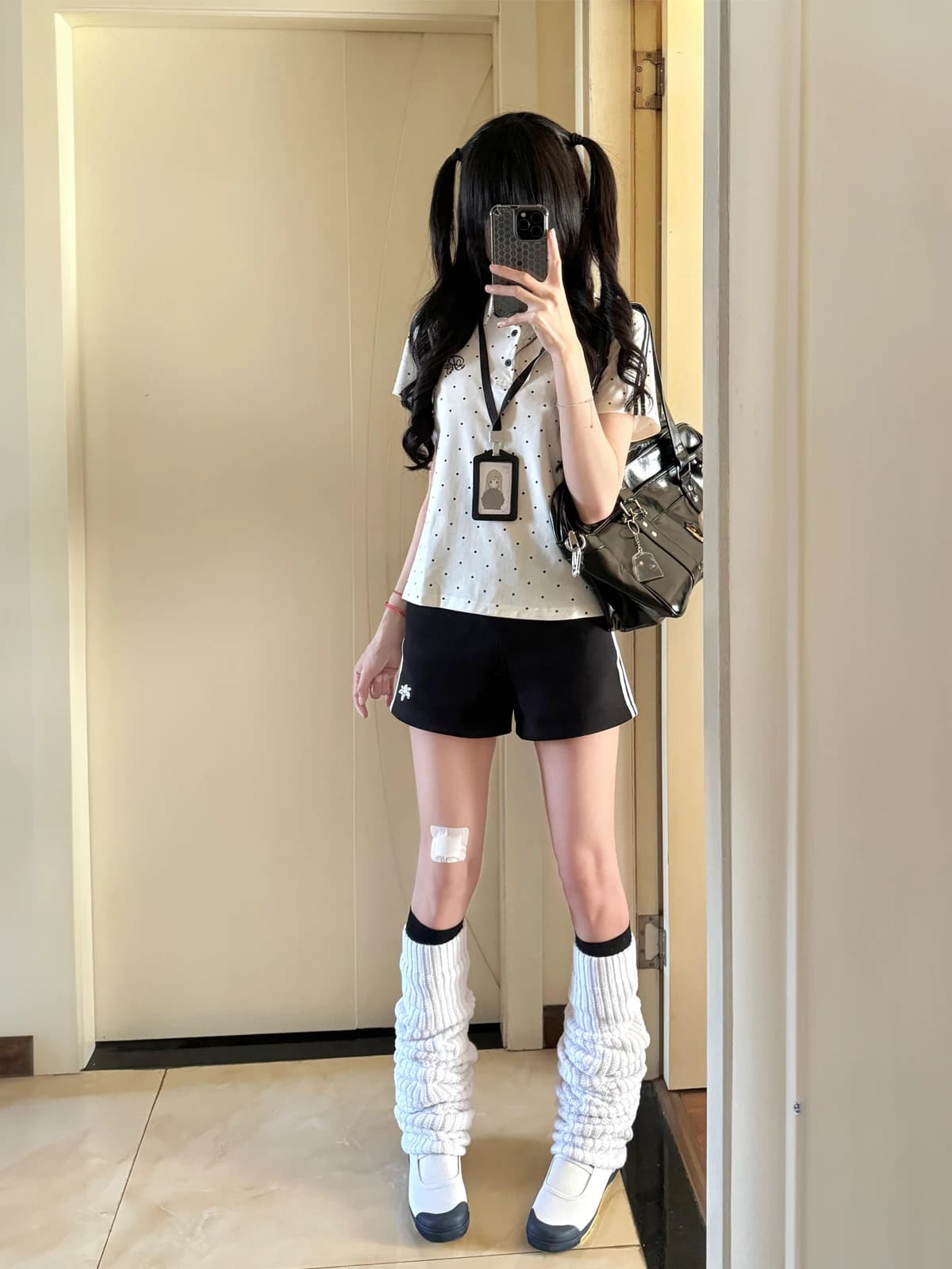 Top da ginnastica a pois bianchi e neri da donna, abbigliamento sportivo con colletto, stile uniforme scolastica dimagrante, nuovo arrivo estivo