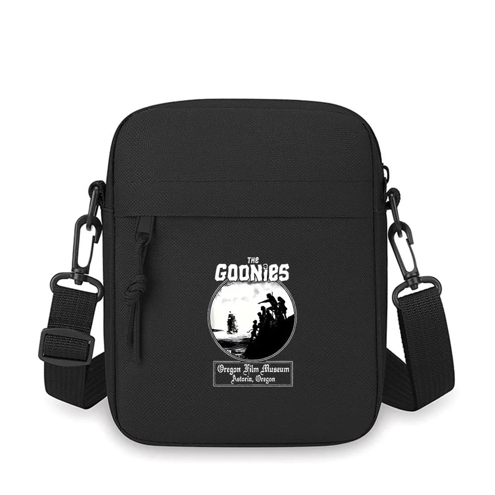 La scena del film Goonies Silhouette nera Borsa a tracolla da uomo a spalla singola da donna Cartoon Anime Design di stampa di film unisex