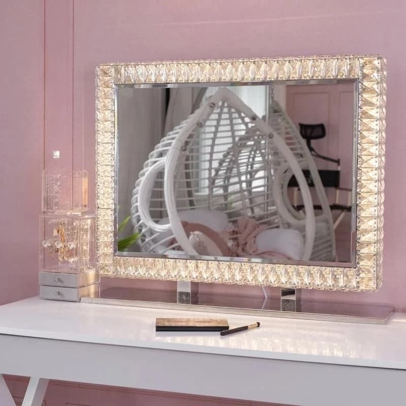 Specchio per Trucco LED, Specchio da Toeletta con Diamanti, Specchio Illuminato in Cristallo per Bagno