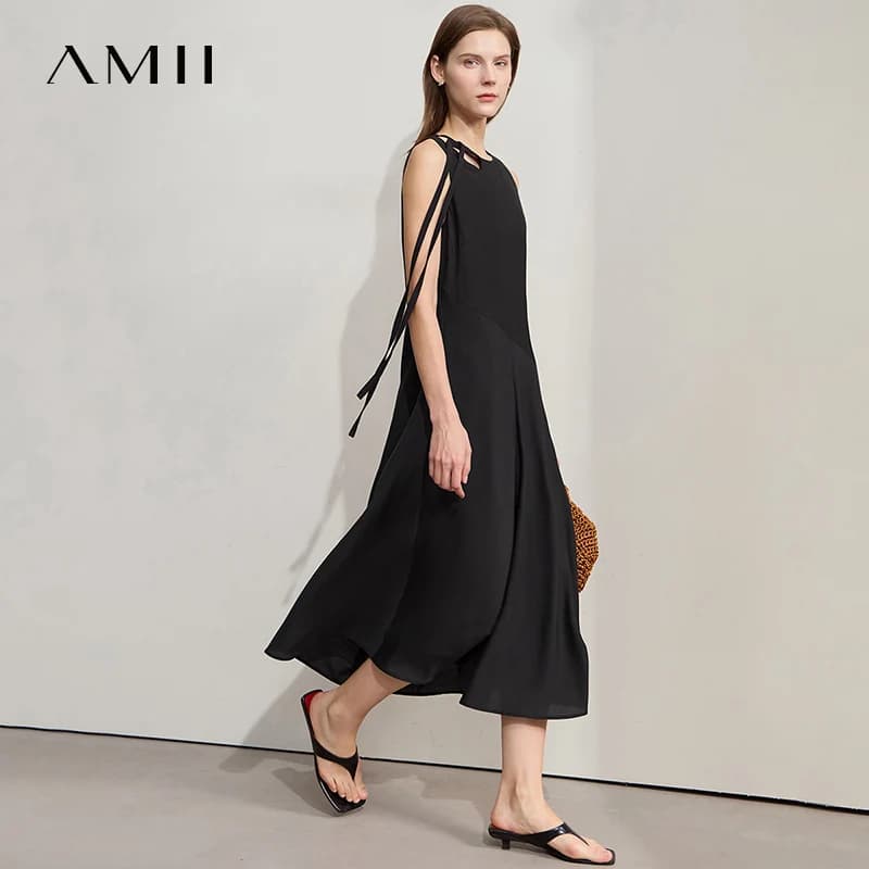 Abito Minimalista Amii per Donna, Estate 2025, Nuovo Elegante Vestito da Ufficio Senza Maniche con Fiocco, Comodo e Plissettato, Modello 12542120