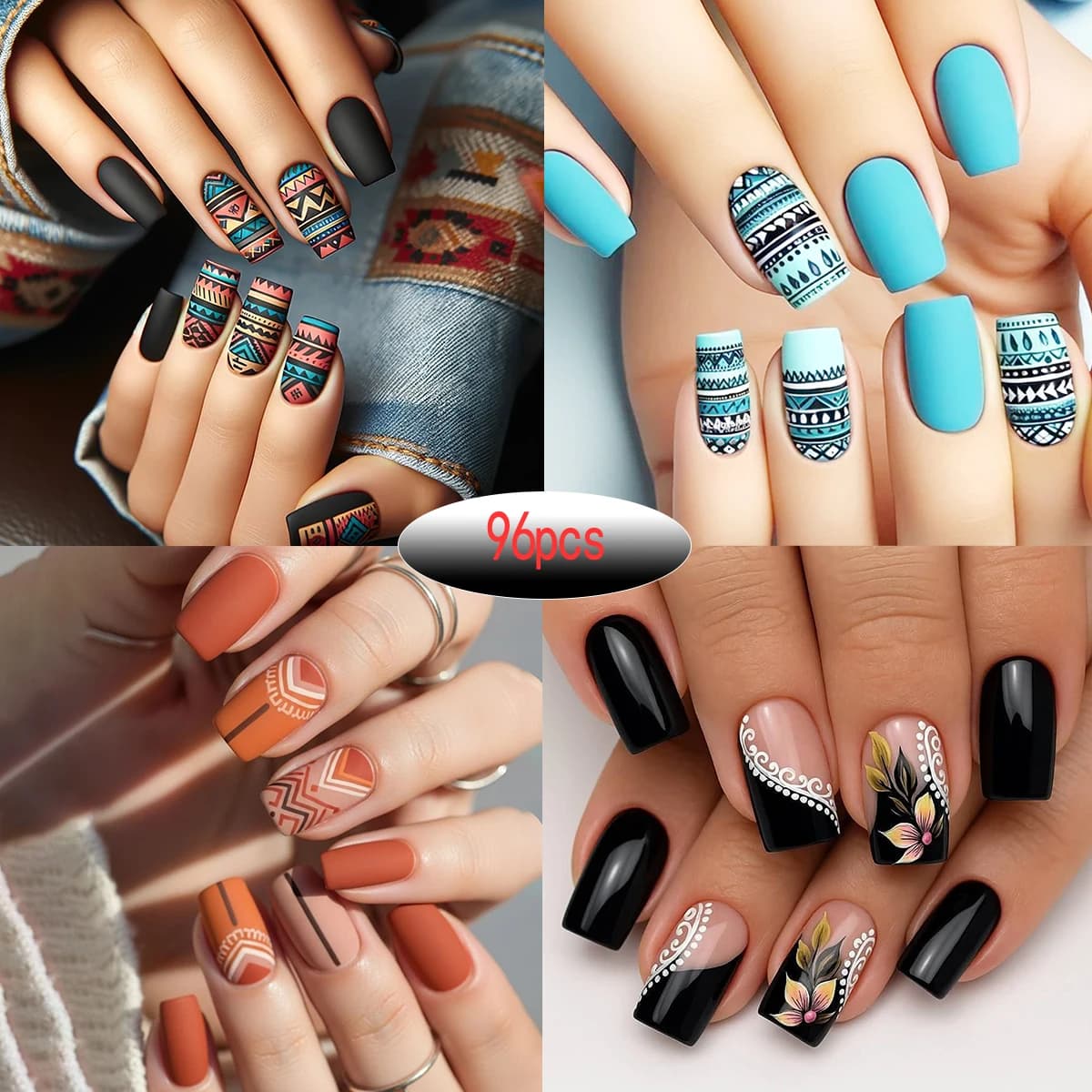 1/4 packs/96/24 pieces of square fake nails, with geometric patterns and totem designs in opaque textures such as black and blue, ar