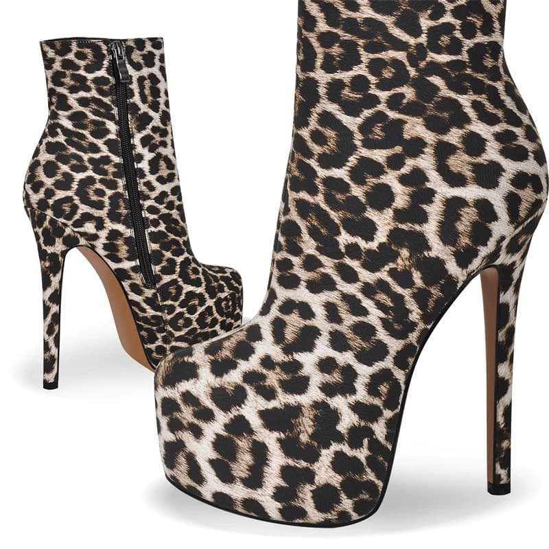 Onlymaker Women Leopard Platform Ankle Boots Round Toe Stiletto Thin High Heel Zipper Fashion Big Size Sexy Booties