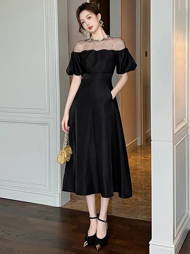 Summer Elegant Luxury Gown Evening Dress Women Clothes Retro Chic Sheer Sexy Puff Sleeve Slim Midi Robe Party Birthday Vestidos