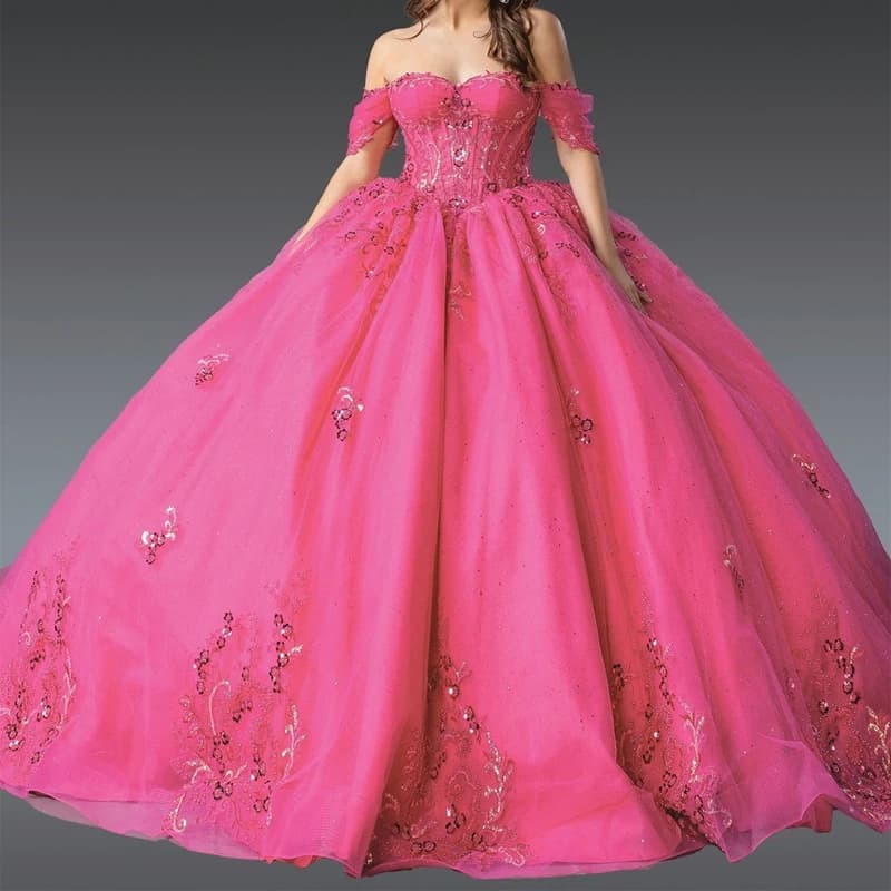 Rosa rossa scintillante abiti Quinceanera abito da ballo con paillettes Applique perline Tull festa di compleanno dolce 16 vestito Vestido De 15