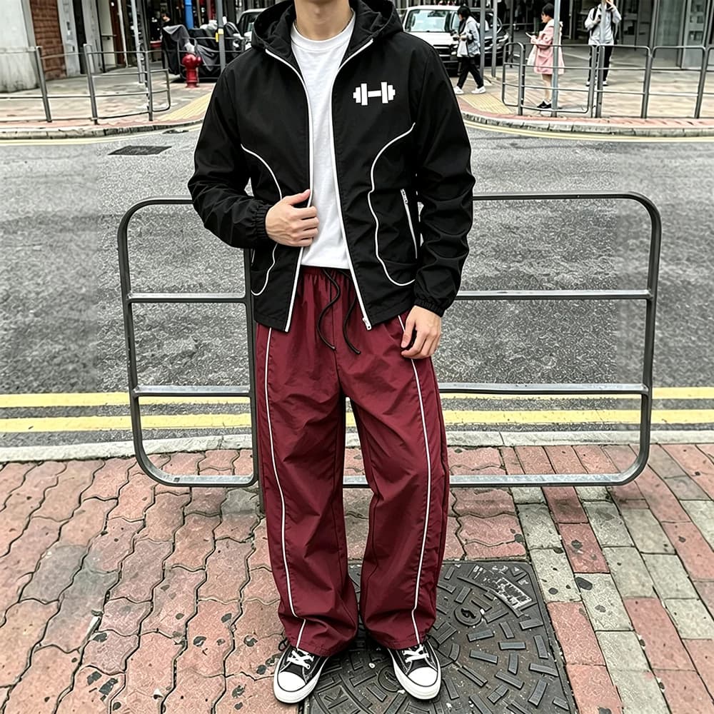 Workout Fitness Mens Tracksuit Stripe Hooded Jacket Geometric Dumbbell Print Drawstring Hem Trousers Casual Running 2 Pcs