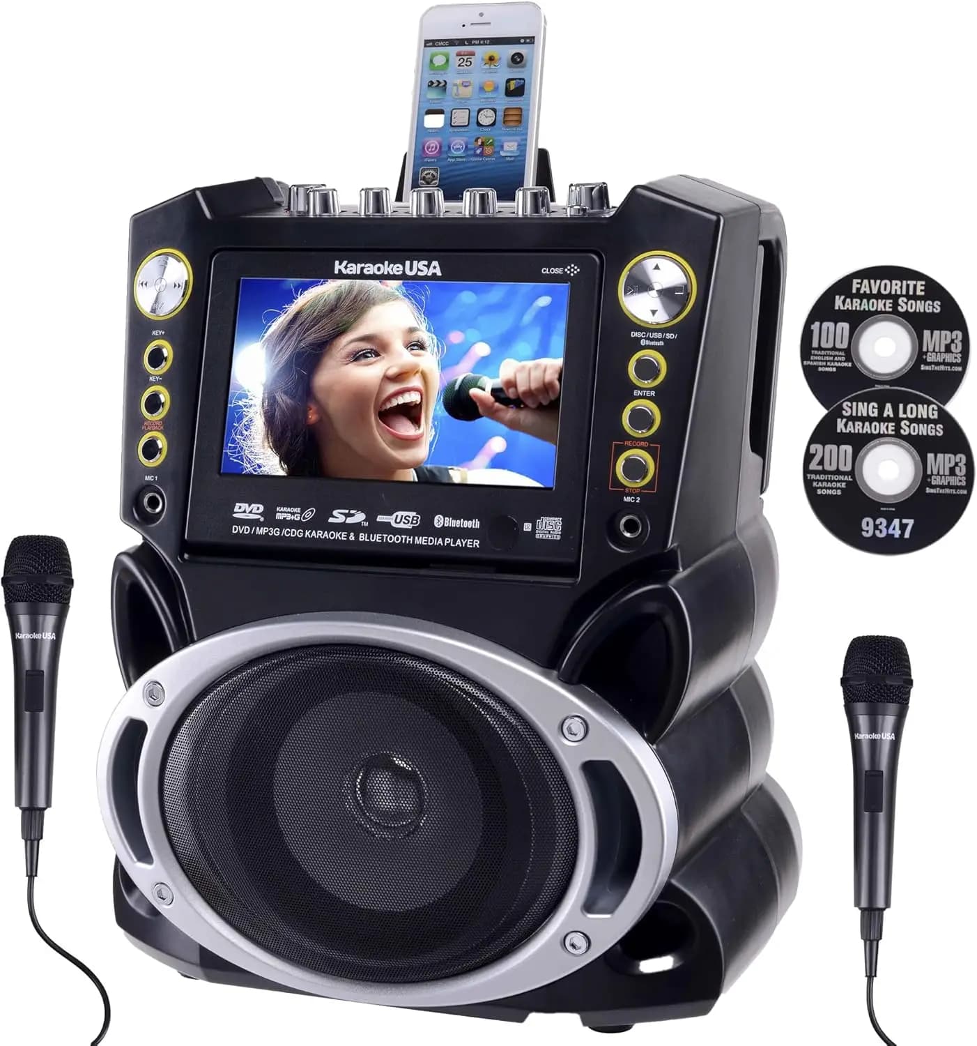 Macchina per Karaoke Bluetooth con Schermo da 7 Pollici, 2 Microfoni, 300 Canzoni, USB/SD, Controllo a Tasti