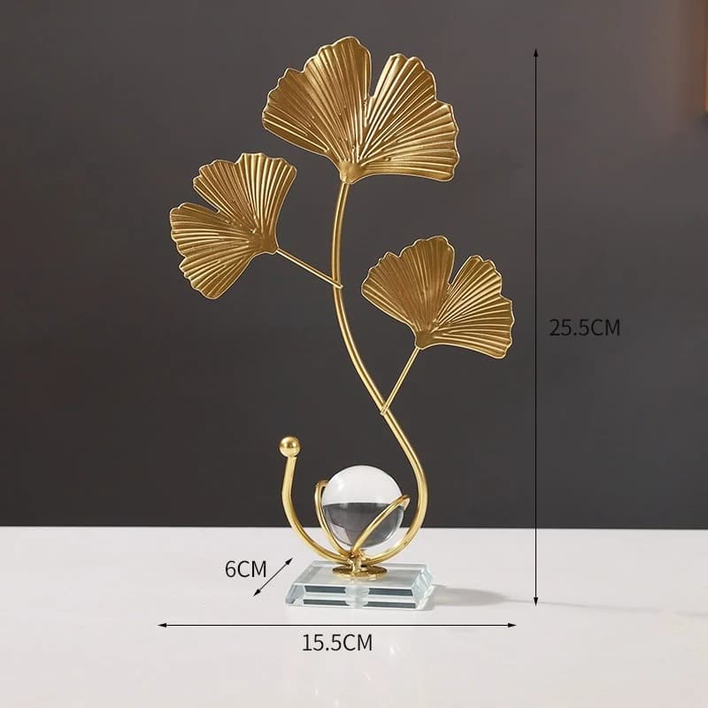 Gold Metal Leaf Sculpture with Crystal Ball, Nordic Iron Leaves Desktop Ornament Home Decor Gift