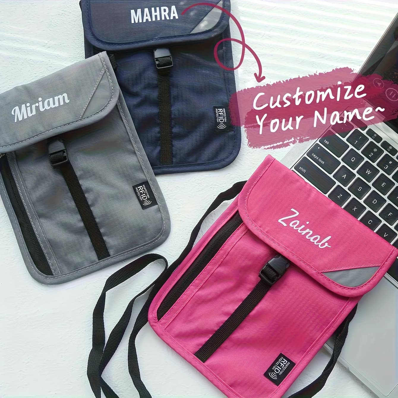 Borsa da Collo Personalizzata con Blocco RFID, Porta Passaporto da Viaggio Personalizzato, Borsa a Tracolla, Organizzatore Documenti da Viaggio, Portafoglio