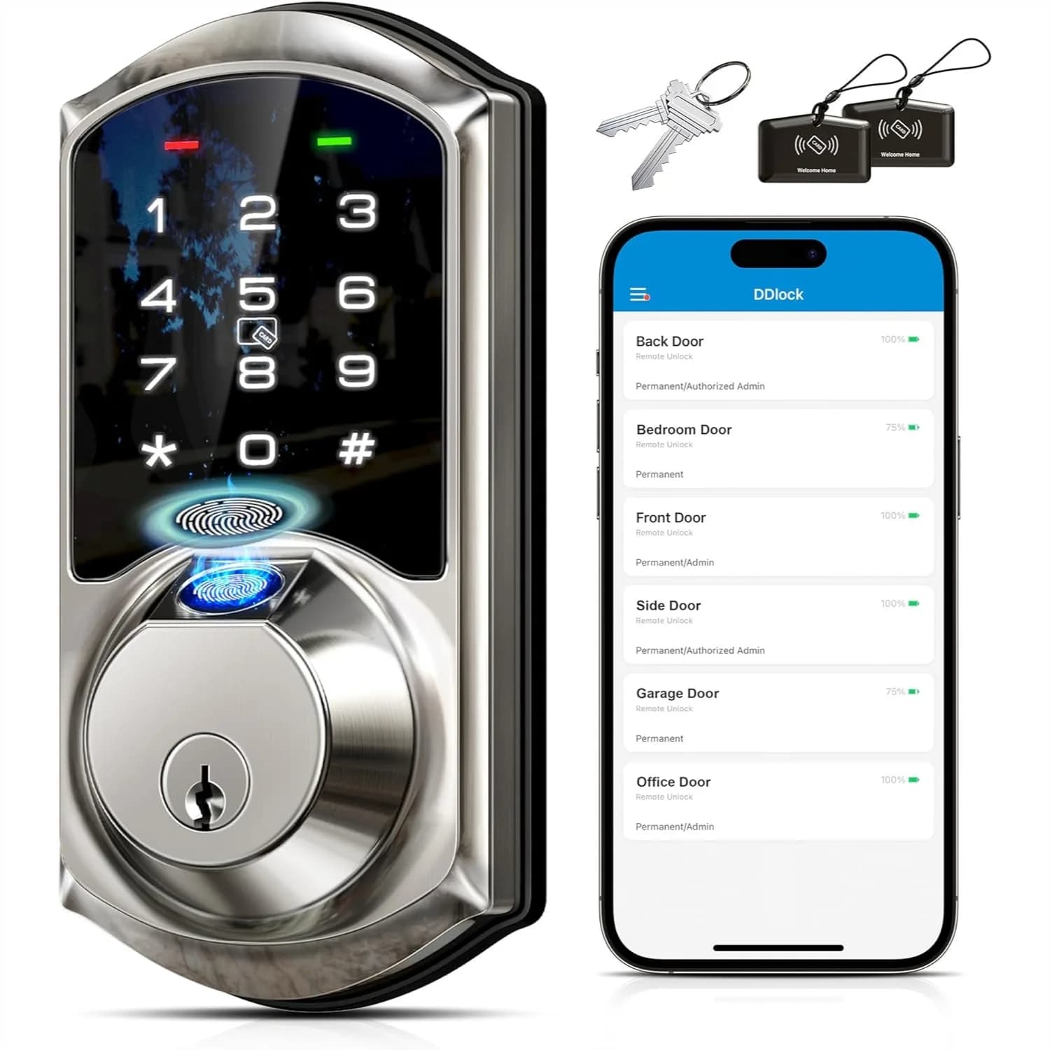Serratura Intelligente Senza Chiave, Controllo App con Impronta Digitale e Tastiera Touchscreen 7-in-1, Chiusura Automatica per Porta d'Ingresso, Satinata