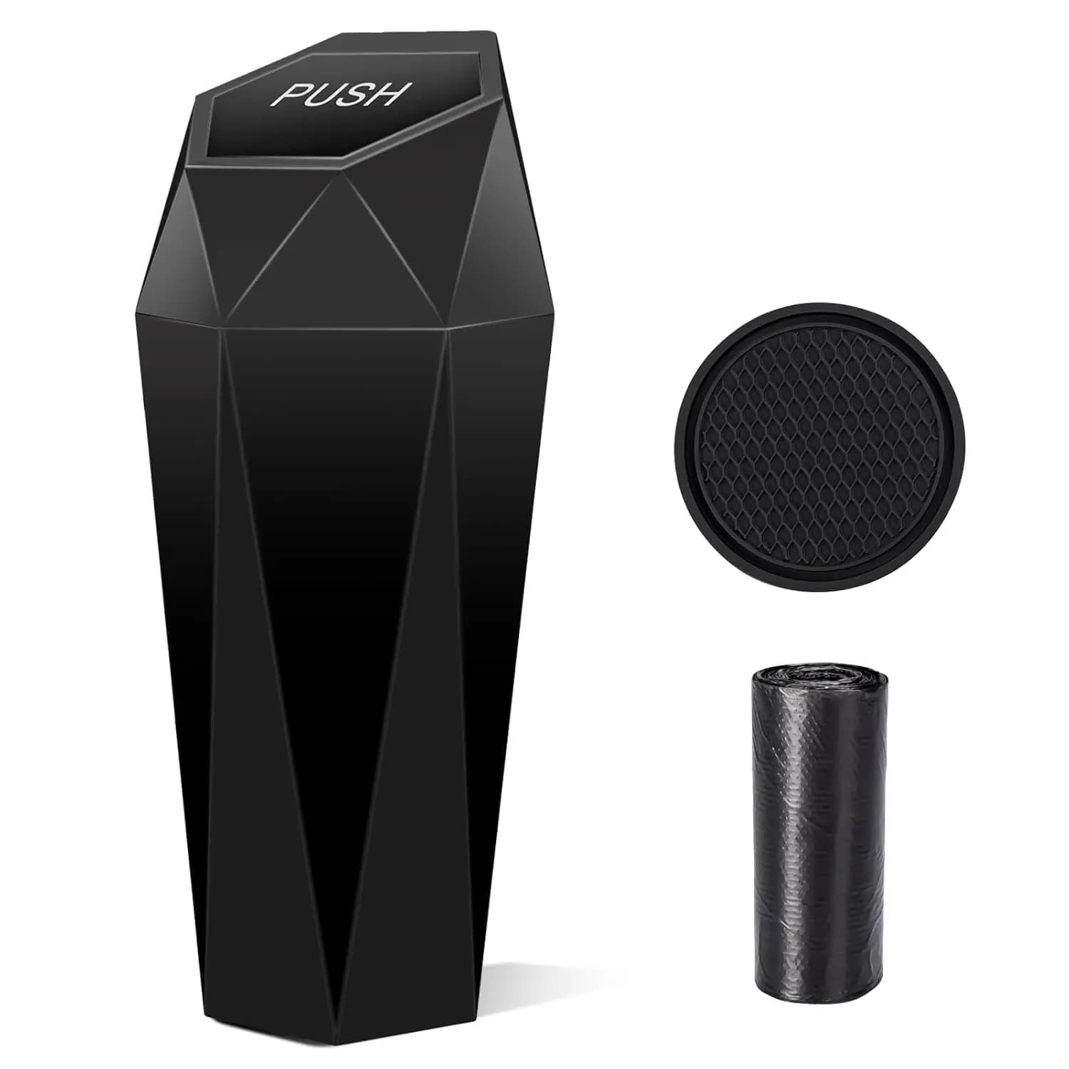 Cestino per auto con coperchio, mini portabicchieri con design a diamante per uso domestico e in ufficio, colore nero