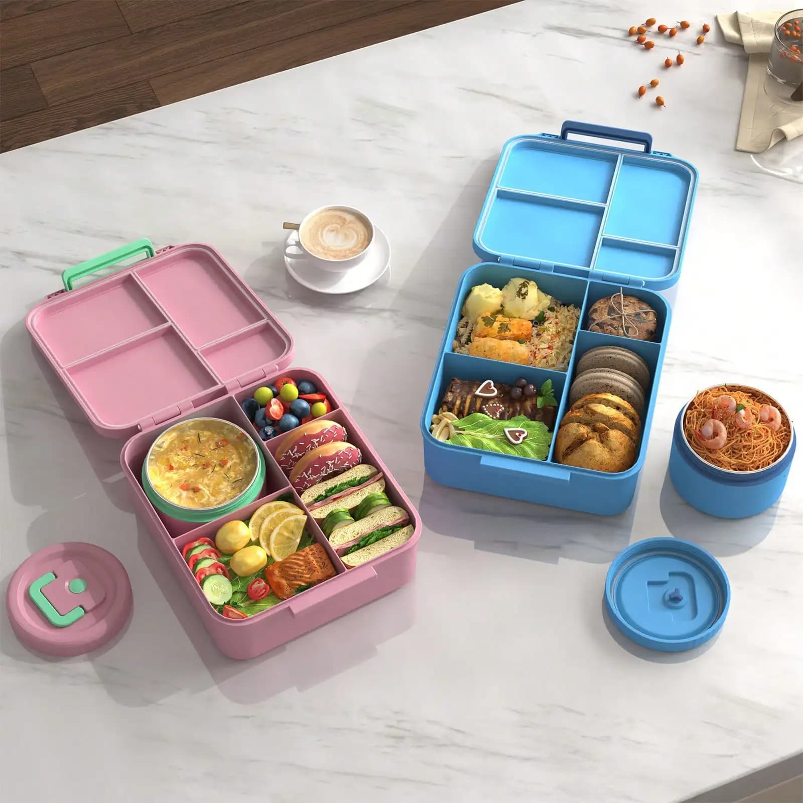 Kids Bento Lunch Box with Stainless Steel Soup Container, 4 Compartments Leakproof Shark Print Toddler Meal Container, Includes Spoon & Fork, Microwave Safe School Lunch Box