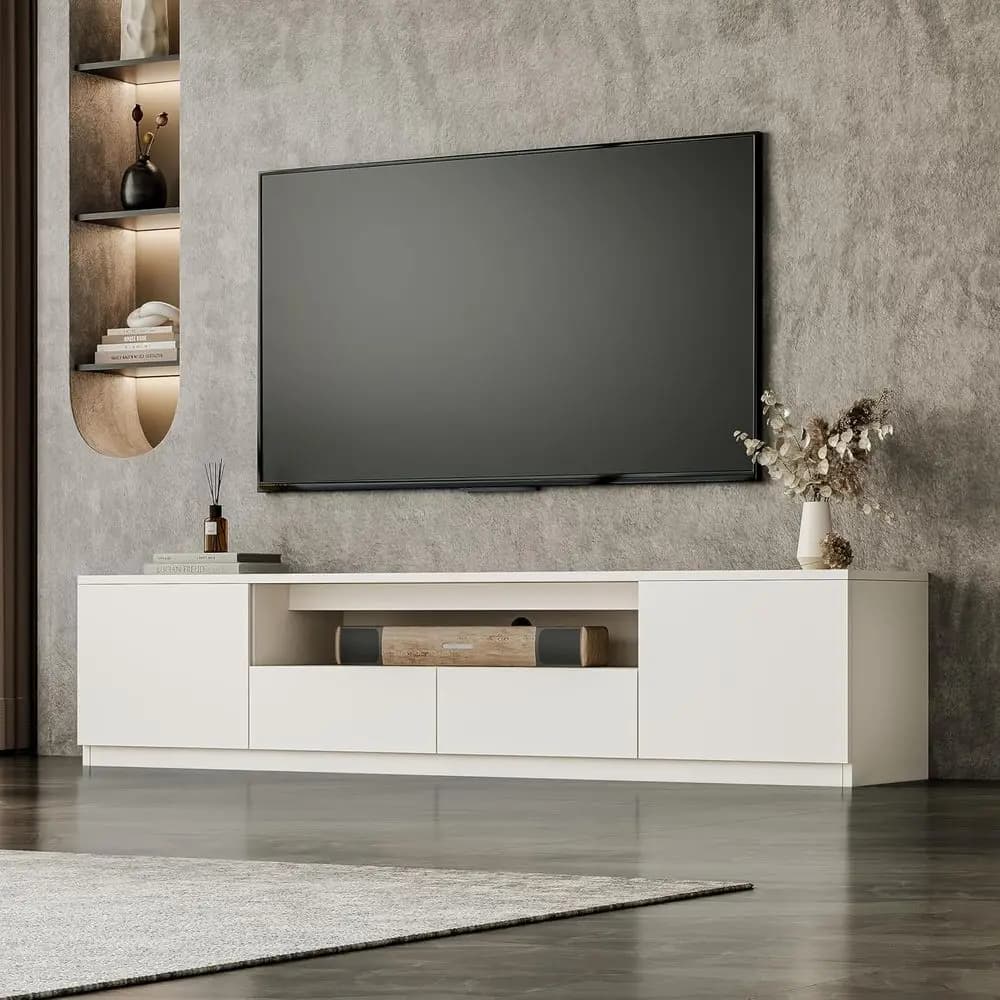 Mobile TV Moderno Bianco per TV da 55-75 Pollici con Spazio di Archiviazione e Gestione Cavi