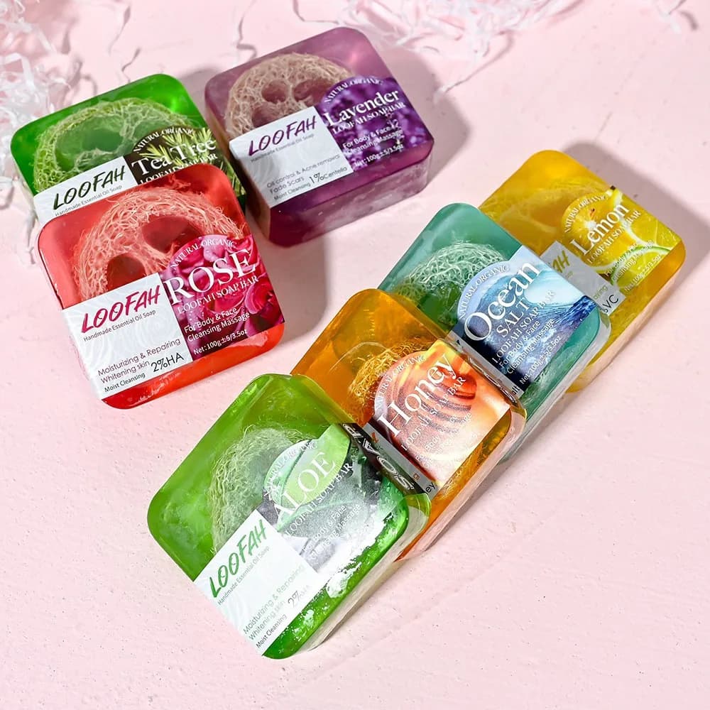 Sapone all'acido cogico fatto a mano con luffa 100g Limone Lavanda Rosa Curcuma Olio essenziale Bar da bagno Nuovo design Regali detergenti