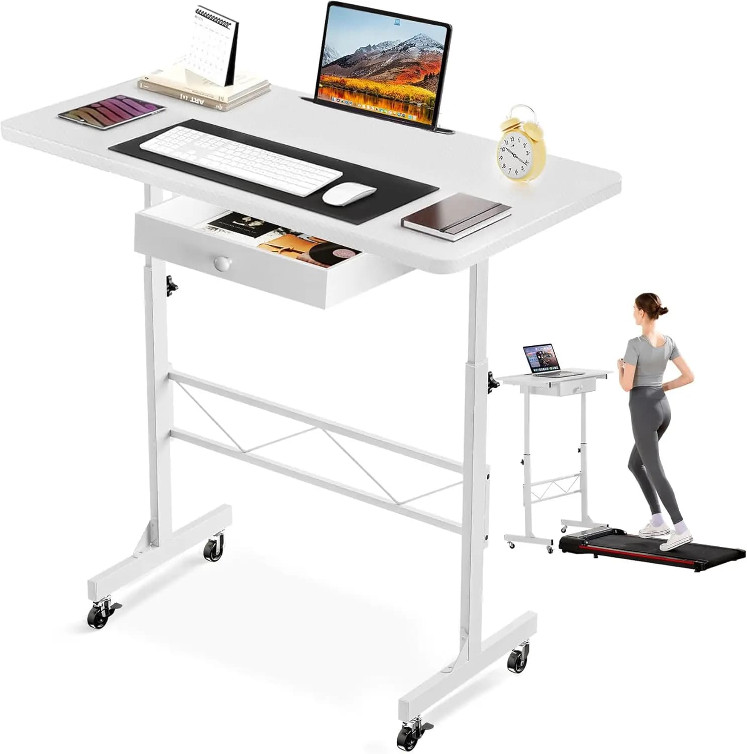 Scrivania per Laptop Regolabile in Altezza con Ruote, Postazione di Lavoro Portatile per Casa e Ufficio