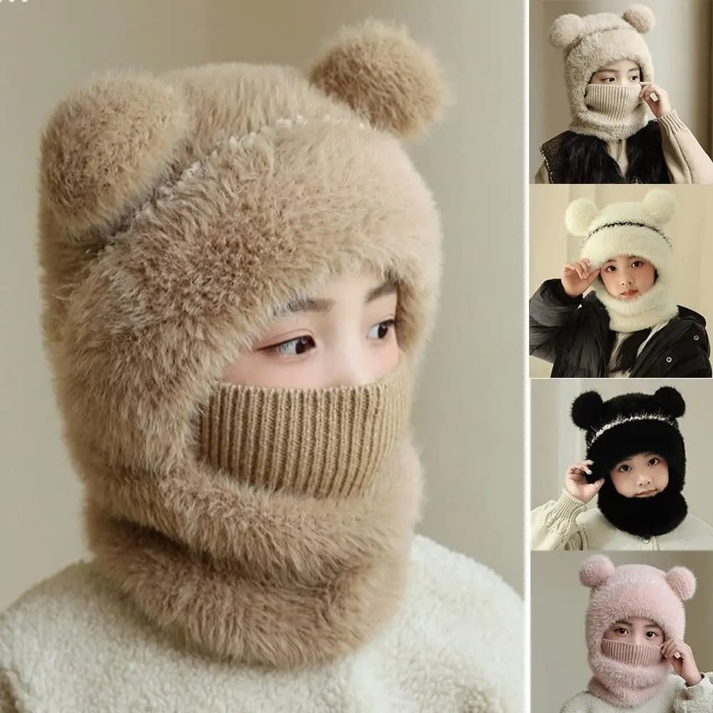 Coldproof Scarf Mask Integrated Hat Warm Lining Cartoon Children Windproof Hooded Hat Fur Balls Decor Face Guard Windproof Hood