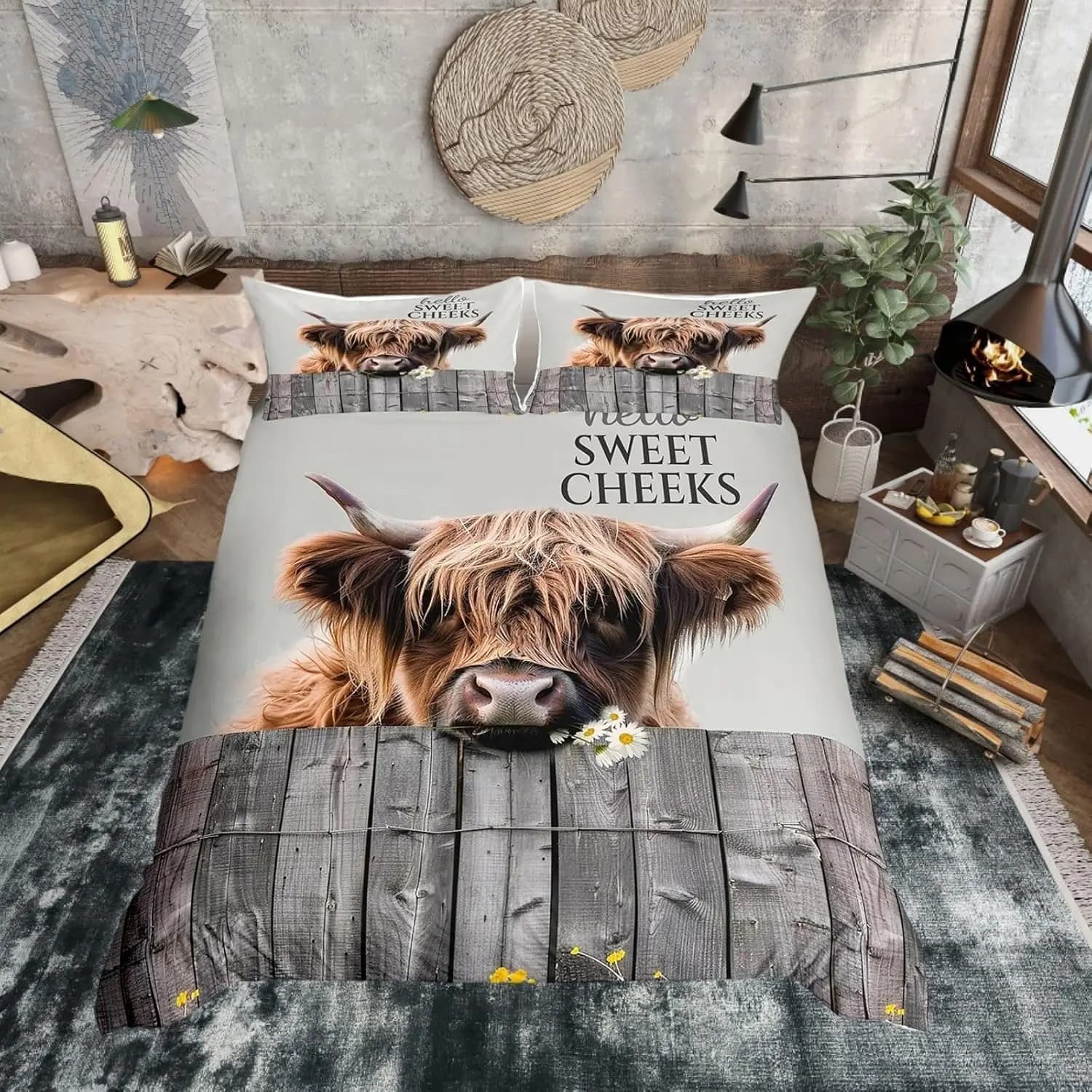 Grey Highland Cow Duvet Cover Set King Size Rustic Farmhouse Bedding Set With 2 Pillowcases Wood Grain Design