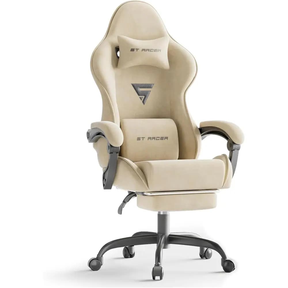 Ergonomic Gaming Chair with Footrest and Massage, High Back Reclining for Gamers, Suitable for Home or Office (Beige)