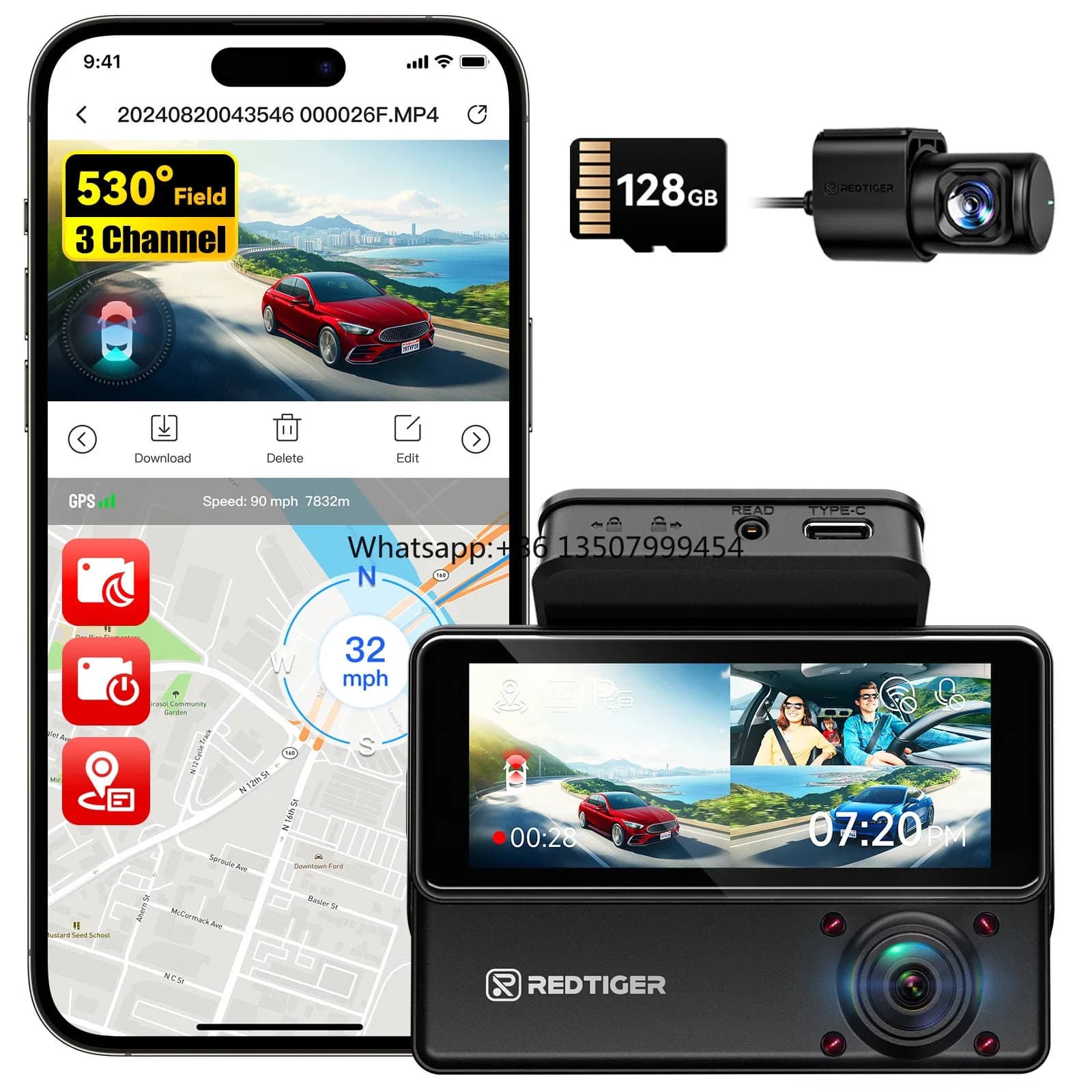 Dash Cam per Auto e Camion VP20 a 3 Canali con Schermo Touch, 2.5K+2.5K+1080P, Wifi, GPS e Visione Notturna