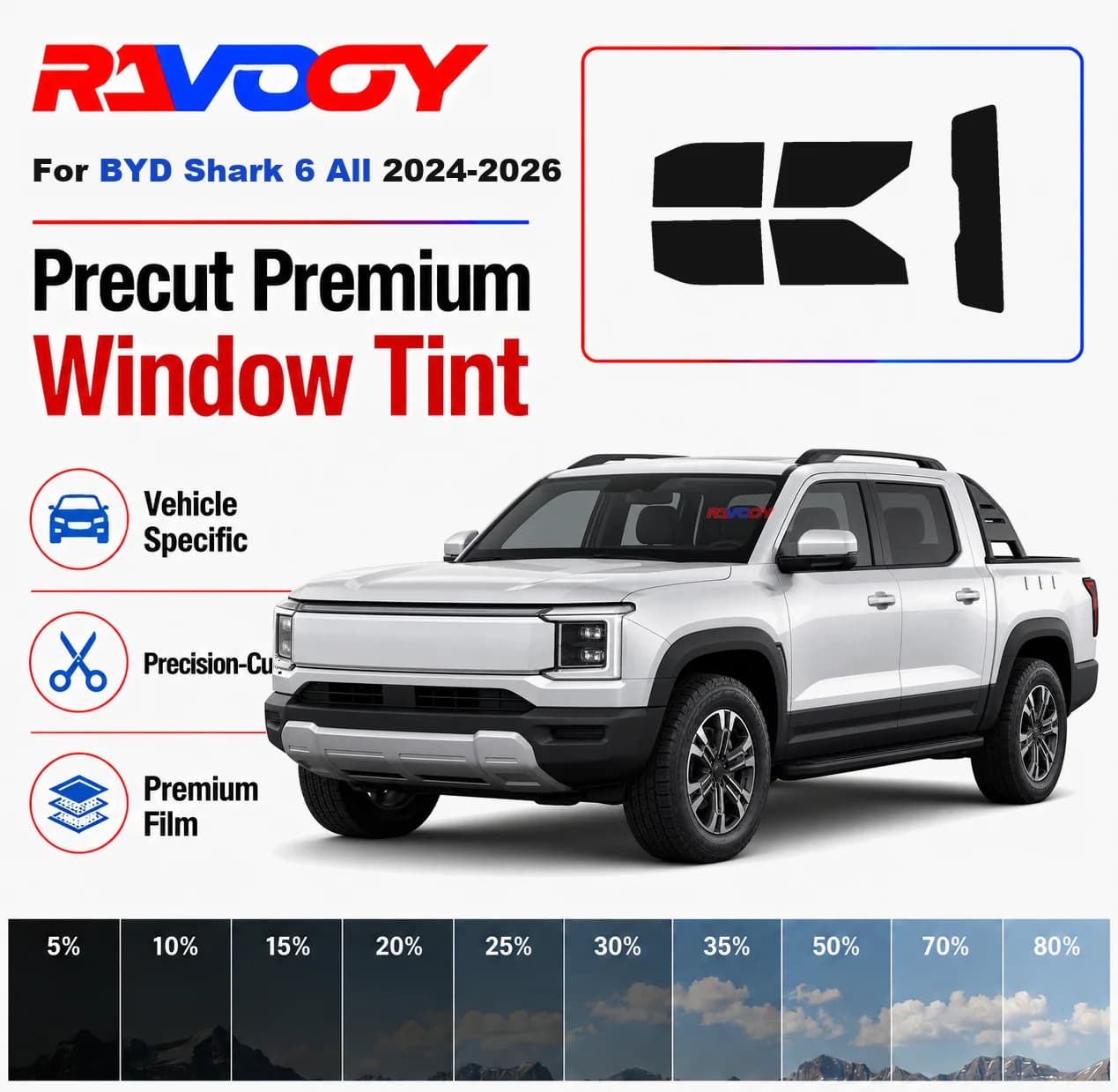 Premium Precut Window Tint Kit Front Rear Windows Rear Windshield For BYD Shark 6 All 2024-2026 Complete Set Nano Ceramic Film