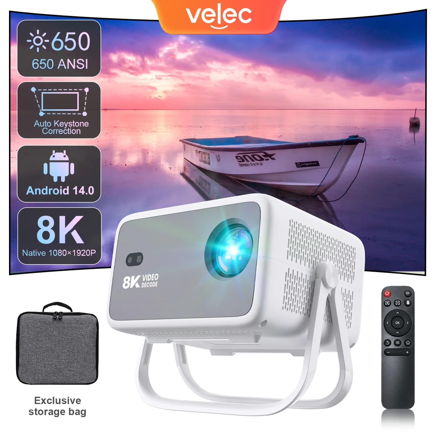 Velec New 8K Projector Decode Video 650 ANSI 1080 Automatic Focus Android 14 Intelligent Portable Outdoor Film Projector Home Theater