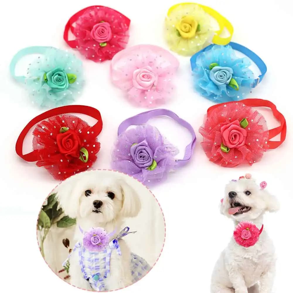 30PCS Collari per cani regolabili Fiore di pizzo Papillon per cani da compagnia Papillon per cuccioli primaverili Forniture per toelettatura per animali domestici primaverili per cani