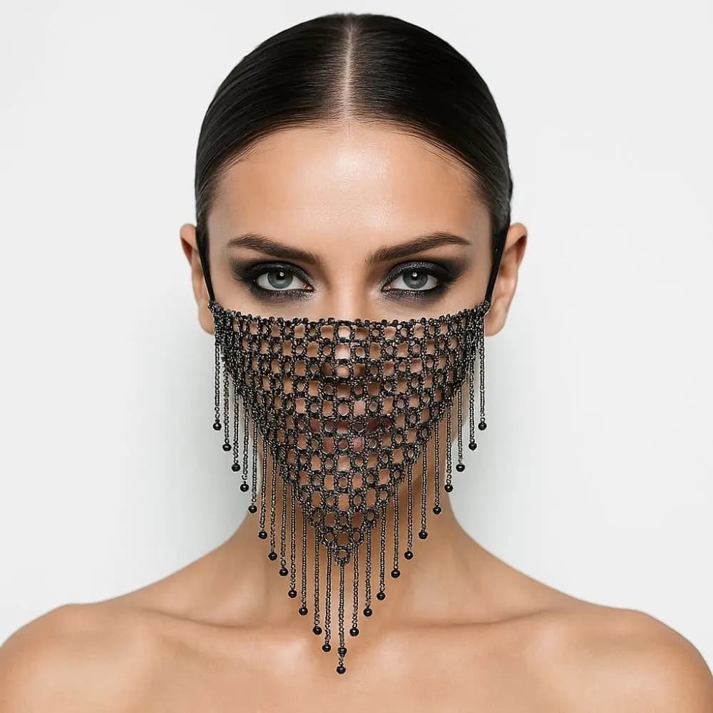 Maschera Delicata con Rete da Pesca e Strass, Copriviso Scintillante con Nappe, Maschera Traforata Luccicante per Ragazze