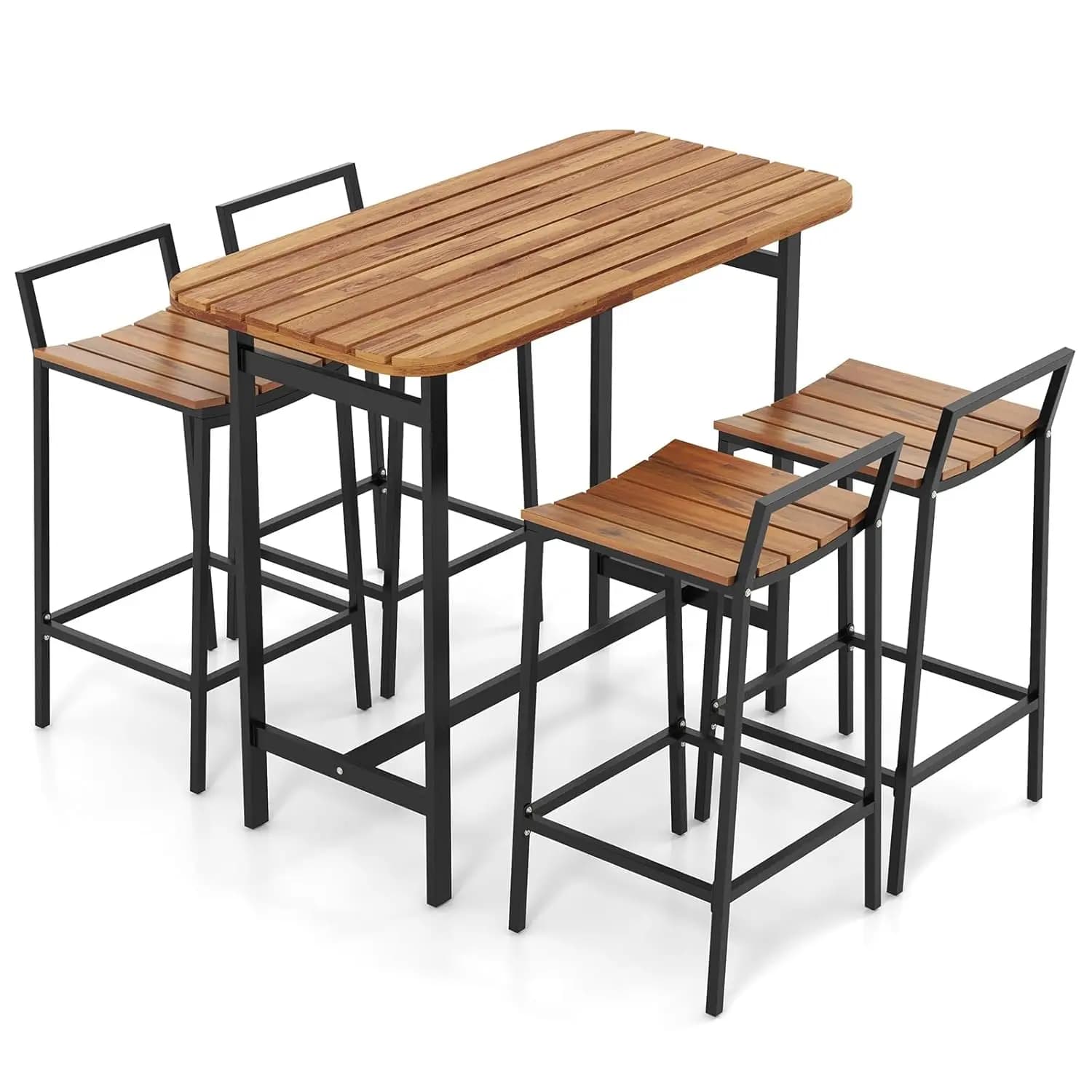 Set da 5 Pezzi Tavolo e Sedie da Bar in Legno di Acacia per Esterni, Tavolo Alto con Struttura in Metallo e Poggiapiedi, Bistrot da Patio per Terrazza, Giardino, Bordo Piscina, Personalizzabile