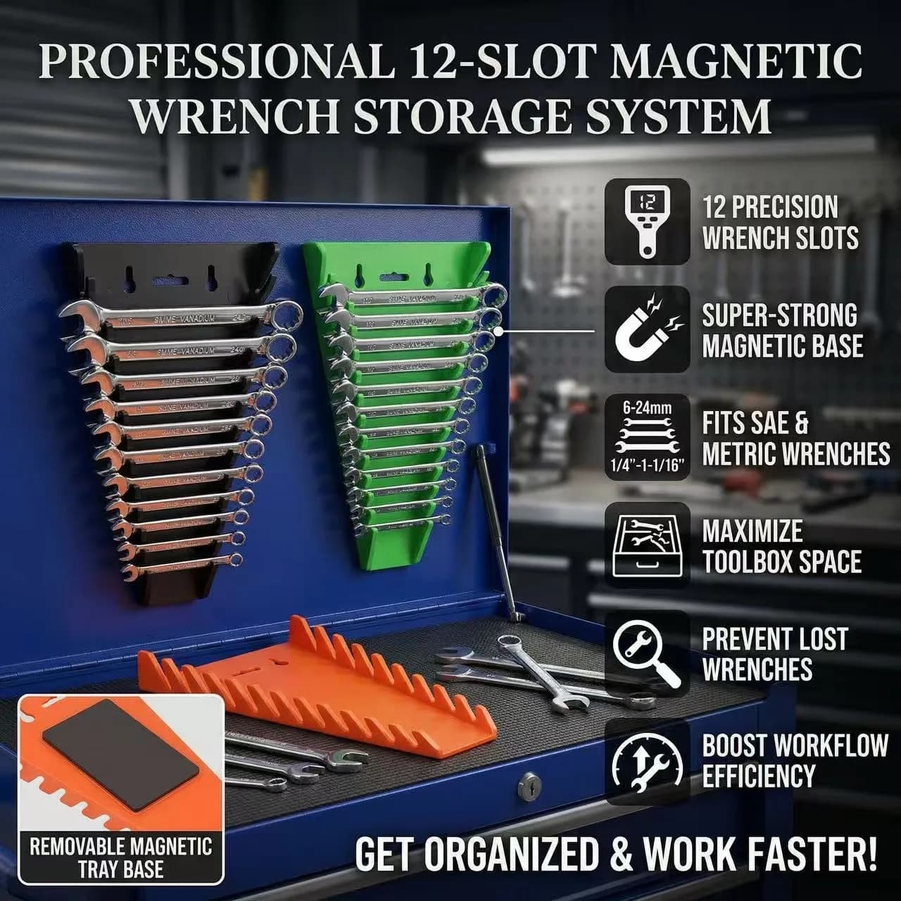 Set di 2 Organizzatori Magnetici per Chiavi, Porta Utensili Premium a 32 Scomparti per Cassetti e Cassette degli Attrezzi, SAE (1/4" - 1-1/16)