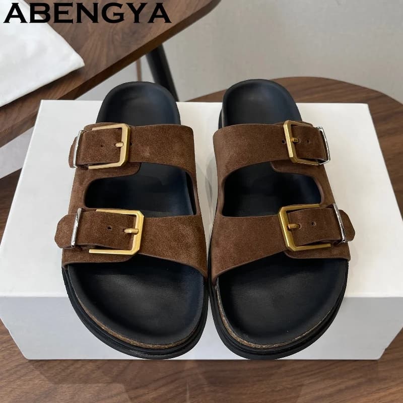 Mules da donna alla moda con fibbia, punta aperta, suola spessa, comode, piatte, estive, casual, stile punk