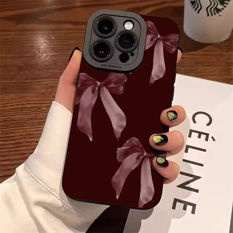 Wine Red Bowknot Pattern Soft Phone Case For Samsung Galaxy S25 FE S23 S22 S21 S24 Ultra Plus A55 A35 A15 A56 A36 A16 A06 4G