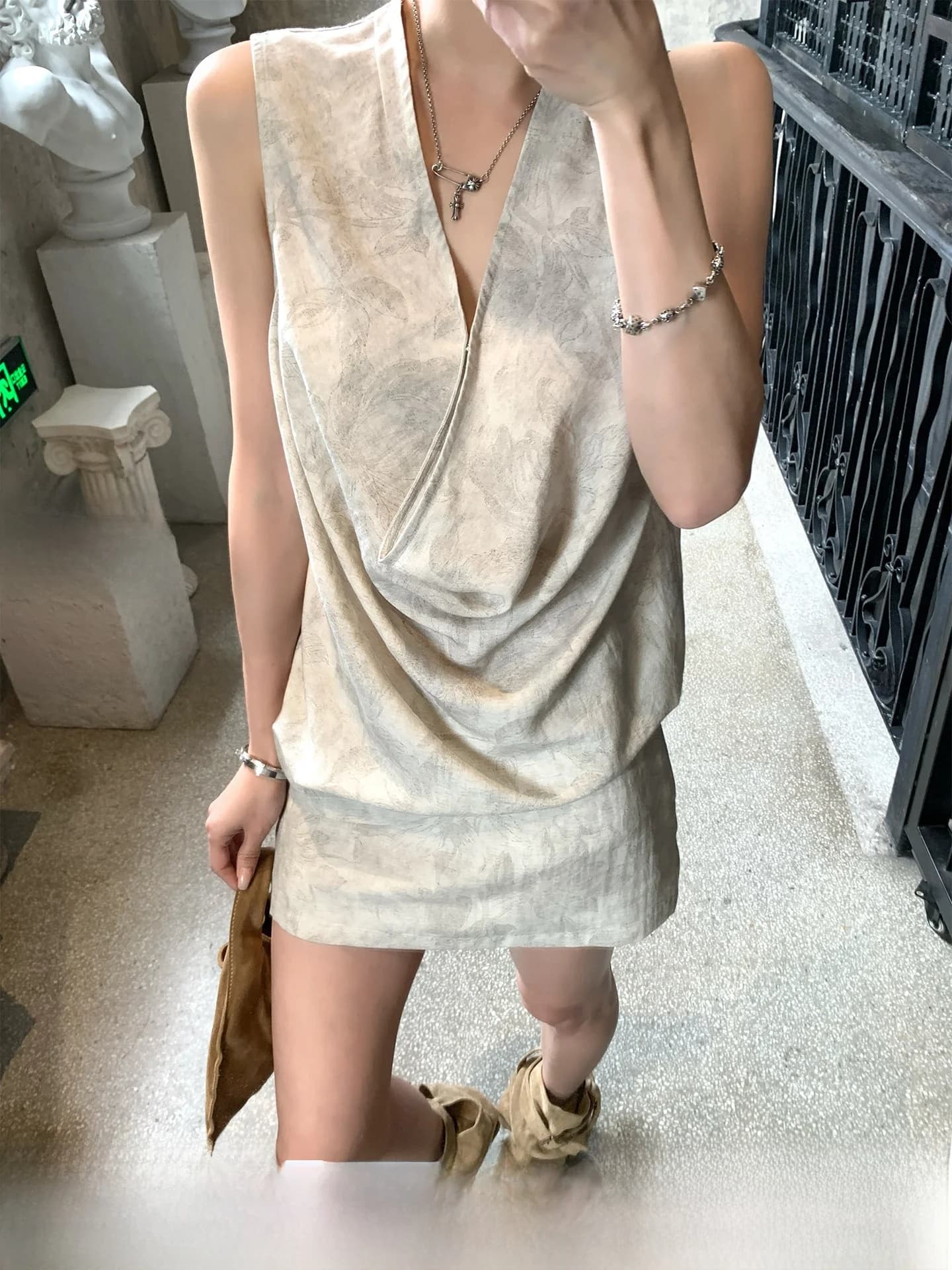 GV Big Brother Linen Gradient Texture Collarless Women's Top Skirt Set Versatile Spring Fashion Outfit Two-Piece Ensemble