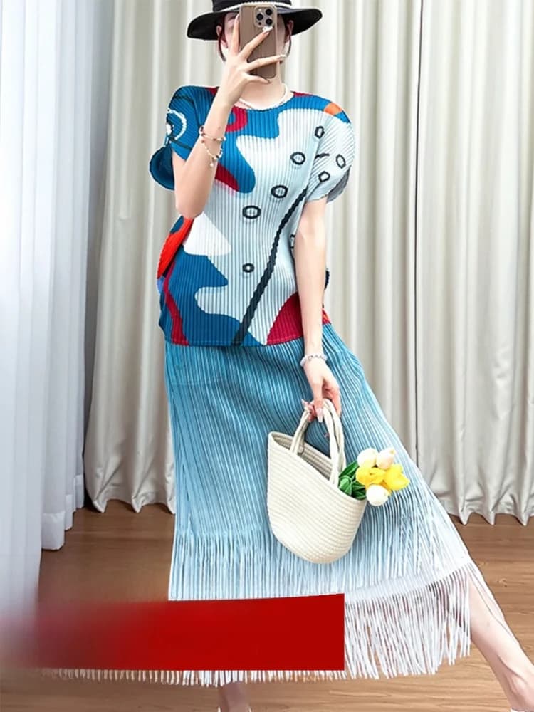 Summer Women's Loose Folded Dot Color Block Top with Tassel Skirt Commute Style round Neck Short Sleeve Silk Blend Blend Blouse