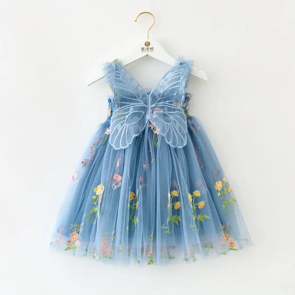 Kids Princess Dress Mesh Sling Bridesmaid Dress Puff Skirt with 3D Wings Fairy Stylish Gown