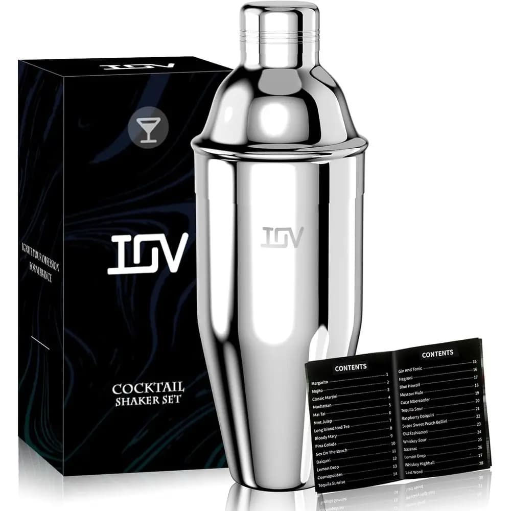 24 oz Cocktail Shaker - Premium Stainless Steel Drink Mixer with Built-in Strainer, Includes Cocktail Recipe Guide and Bartender