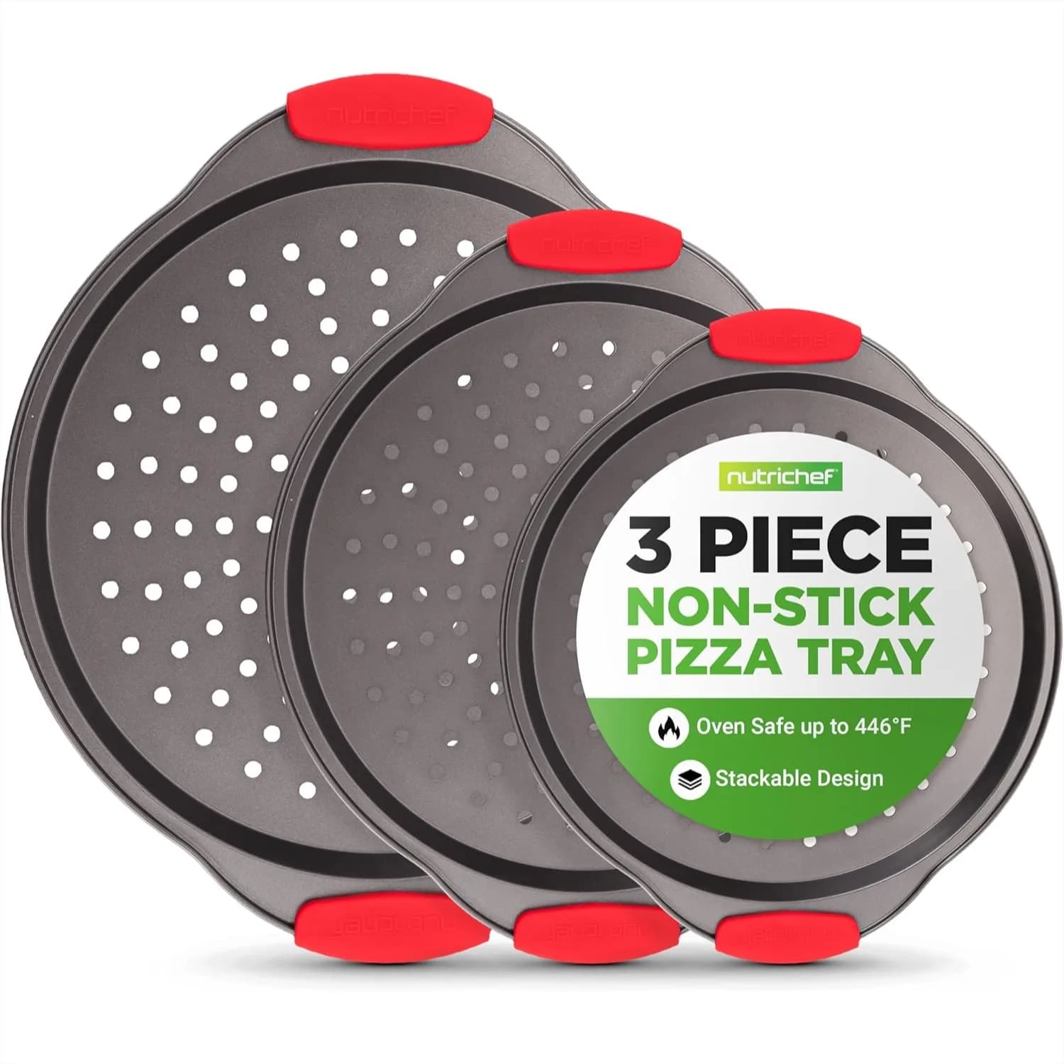 Set di 3 Teglie per Pizza con Manici in Silicone - Teglia Rotonda Antiaderente, Perforata per Crosta Croccante, Acciaio al Carbonio, Piccola e Media
