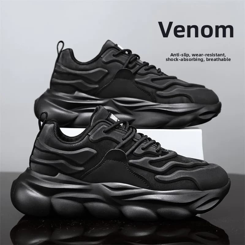Black Sports Leather Men's Shoes Spring Casual Running Shock Absorption Soft Bottom Fashionable Dad Trendy Shoes