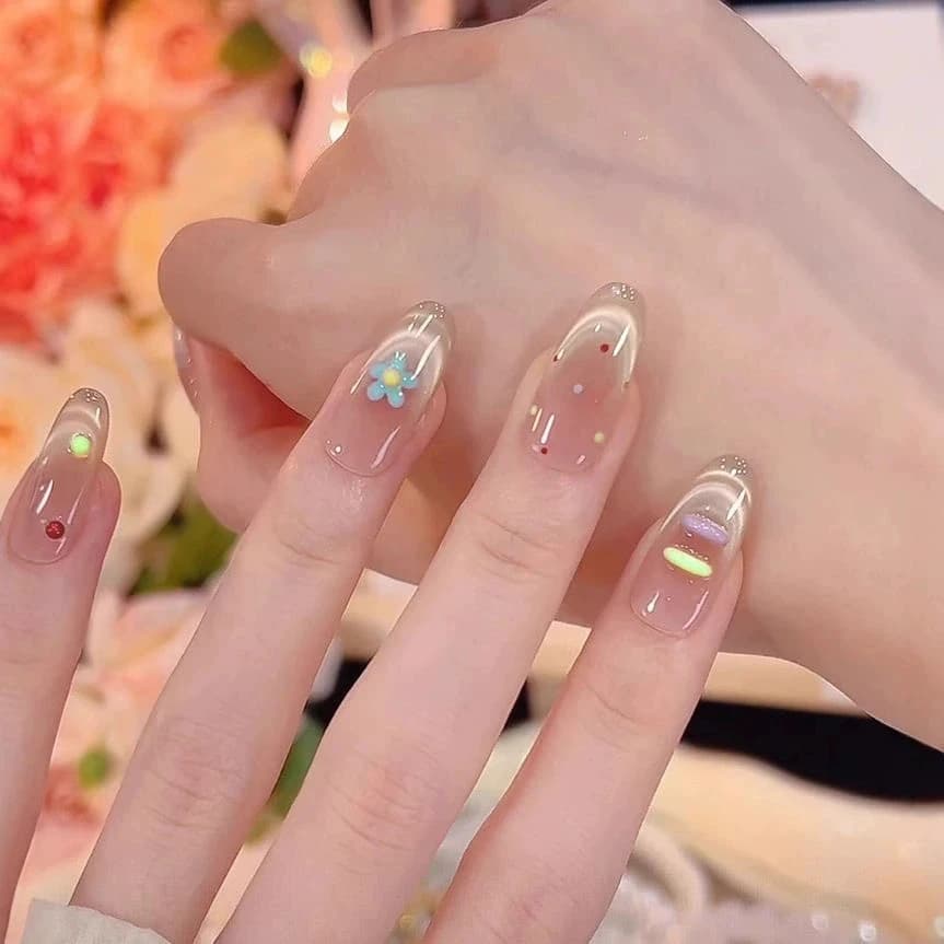 10 pcs Finte Nails Pink Effetto Eye of Cat, in Mandorla, with Colorful Floral Design, Nails Finte Press-on, Tips for Unwearable Manicure