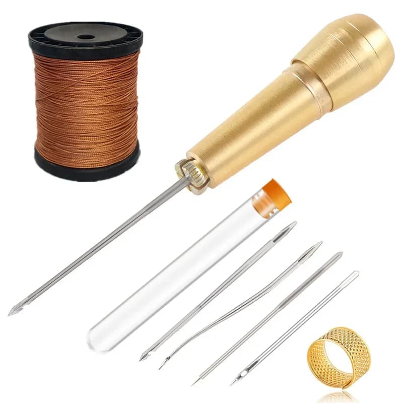 Kit da cucito in pelle ago da cucito in pelle fai da te con manico in rame Set scarpe da tenda in tela di pelle strumenti di riparazione con filo di Nylon