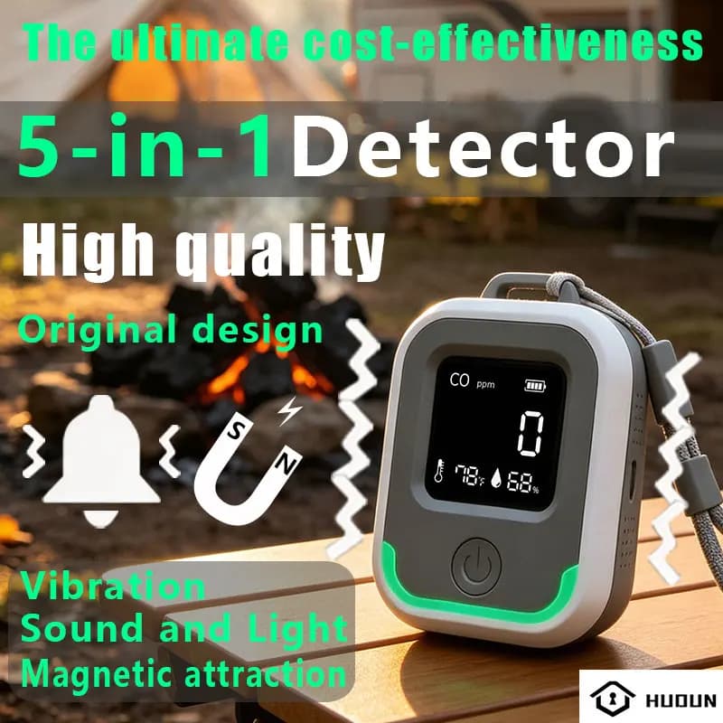 Five in one vibrating carbon monoxide detector camping caravan portable rechargeable capable of monitoring CO temperature an