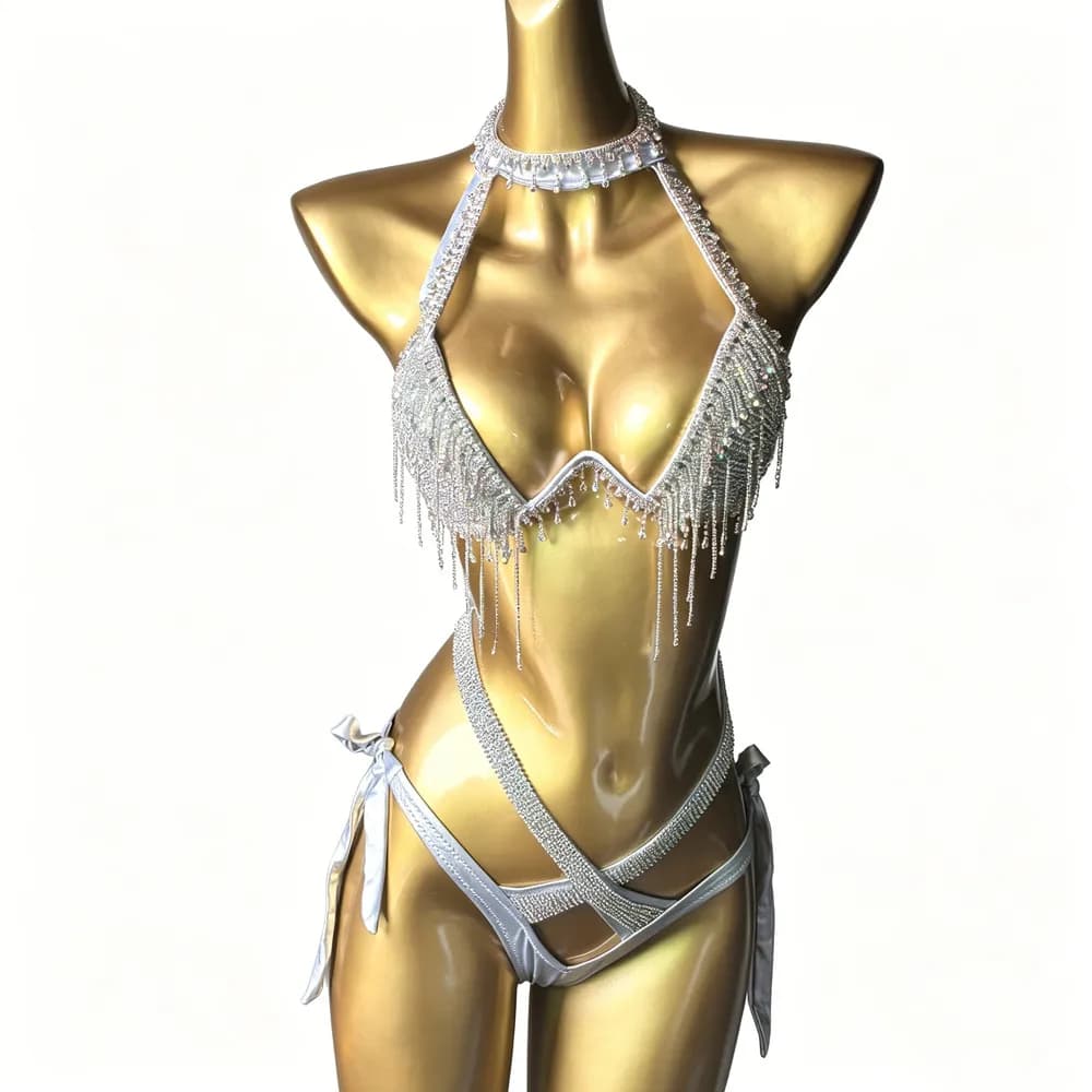 Bikini con Catena di Strass Luccicanti, Costume da Bagno Donna con Frange di Cristallo, Abbigliamento da Spiaggia per Vacanze, Costume per Feste in Discoteca