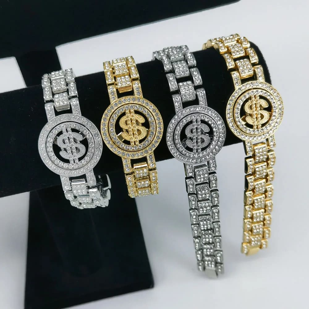 Braccialetto a maglia a catena cubana di cristallo del dollaro girevole per uomo donna lega Hip Hop Bling strass Goth collana a catena a mano gioielli