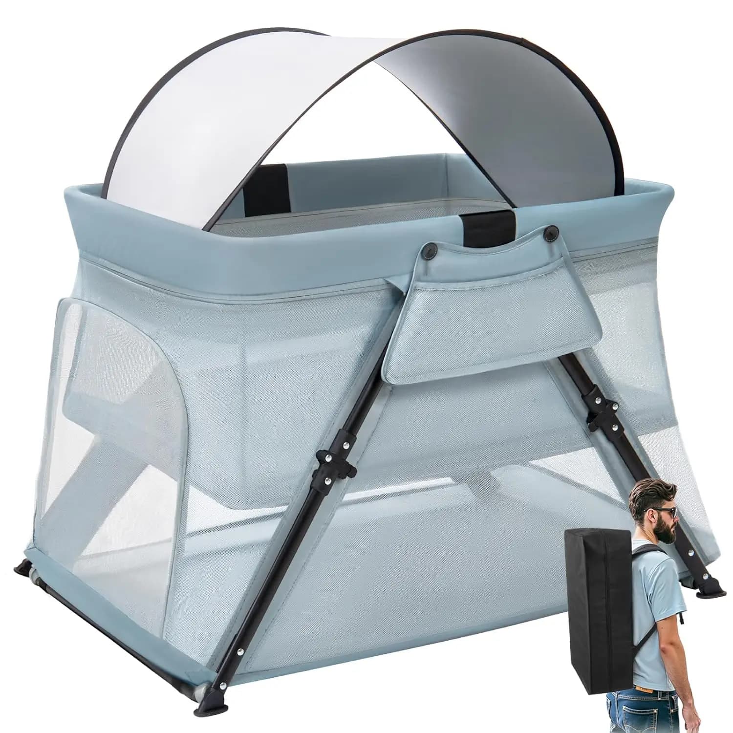 Portable 2 in 1 bag with backpack, box and foldable bed for small, light and essential children