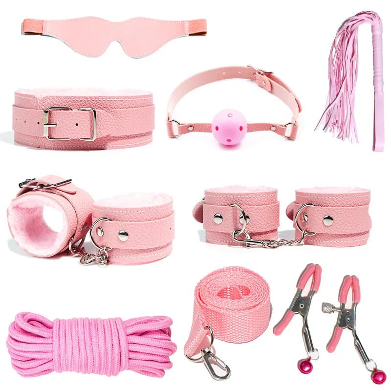 6-10Pcs/Set Sexual Bondage Handcuff Whip Adult Couple Sex Toys Tools Set Erotic Sex Toys for Woman Couples Leather BDSM Kits